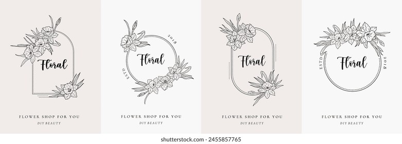 Set of floral daffodil frame logo line art. Flower narcissus wreath, border with branch and leaves. Botanical round ornament monogram. Elegant vintage simple emblem vector illustration