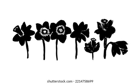 Blumengesteck mit Narzissen. Frühlingsblumen und Blattwerk, schwarz-weiße Vektorgrafik.