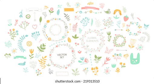 Set of Floral Decor. Vector Elements Collection with Leafs and Flowers for Greeting Cards, Flyers and Banners Design.