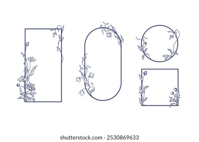 Set of floral decorated frames and borders, drawn by continuous line. Vintage card with wild flowers, leaves. Vector decorative ornament border of different shape