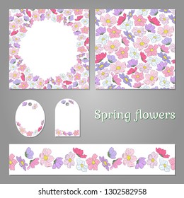 Set of floral decoration elements for your design. Set with wreath, seamless pattern and seamless border. Templates with spring flowers.