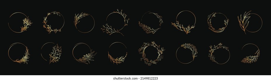 Set of floral decoration wreath and round labels. Branch and minimalist flowers. Hand drawn line wedding herb, elegant leaves for invitation save the date card. Botanical rustic trendy greenery vector