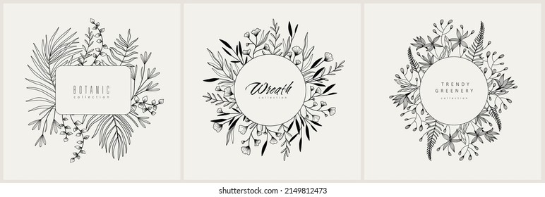 Set of floral decoration wreath and round labels. Branch and minimalist flowers. Hand drawn line wedding herb, elegant leaves for invitation save the date card. Botanical rustic trendy greenery vector