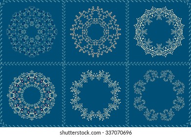 Set of floral decorations, leaves, flowers frame patterns ornaments. For flyers, brochures, banners, retro templates design. vintage romantic cards or backgrounds. Vector eps10. Blue teal colors.