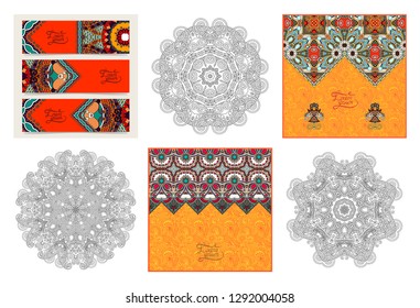 set of floral decorative background, template frame design for card, brochure, book, business card, postcard, wedding invitation, banner in indian kalamkari style, vector illustration collection