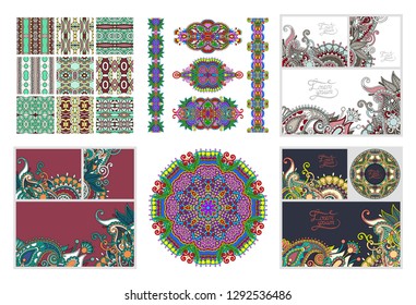 set of floral decorative background, template frame design for card, brochure, book, business card, postcard, wedding invitation, banner in indian kalamkari style, vector illustration collection