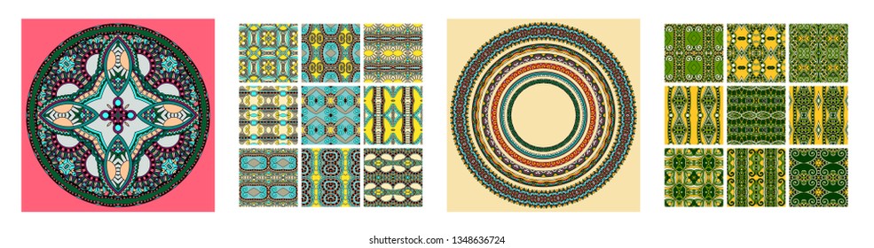 set of floral decorative background, template frame design for card, brochure, book, business card, postcard, wedding invitation, banner in indian kalamkari style, vector illustration collection