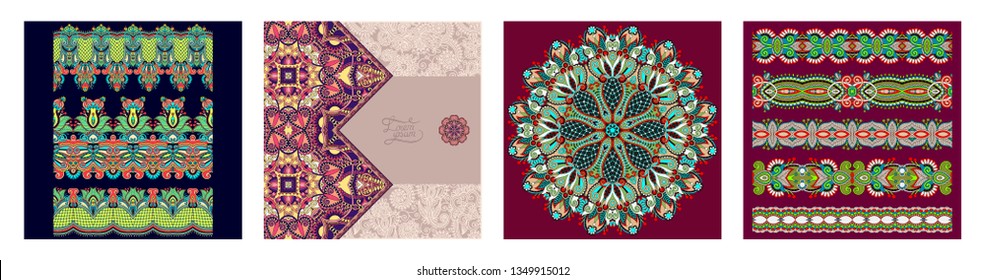 set of floral decorative background, template frame design for card, brochure, book, business card, postcard, wedding invitation, banner in indian kalamkari style, vector illustration collection