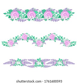 Set of floral decorative borders from stylized roses and wildflowers. Vector elements for design.