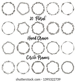 Set of Floral Decorative Circle Frames. Collection of Leaf Hand Drawn Round Borders. Wedding Invitations, Greeting Cards, Cosmetic Tags, Organic Package Labels, Hand Made Logos Design Templates. 