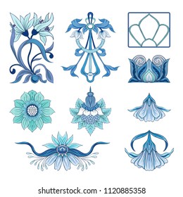 Set of floral decorative elements In art nouveau style, vintage, old, retro style. Isolated on white background. Vector illustration.