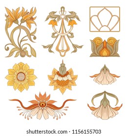 Set of floral decorative elements In art nouveau style, vintage, old, retro style. Isolated on white background. Vector illustration.