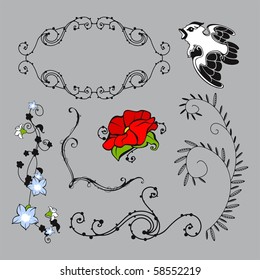 Set of floral decorative elements with a bird