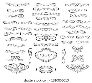 Set of floral decorative elements for design, isolated, editable. Vignettes, frames, dividers.