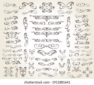 Set Of Floral Decorative Elements For Design Isolated, Editable. Vignettes, Ornate, Dividers.