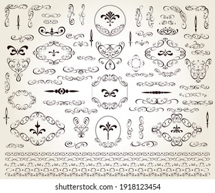 Set of floral decorative elements for design isolated, editable. Vignettes, ornate, corners, borders,dividers.