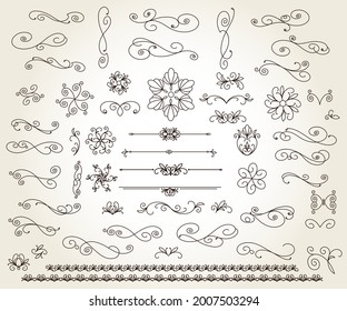 Set of floral decorative elements for design isolated, editable. Vignettes, ornate,  borders,purlieus,dividers.Linear design.