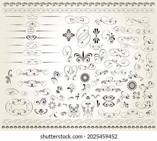 Set of floral decorative elements for design isolated, editable. Vignettes, ornate,  borders,dividers.