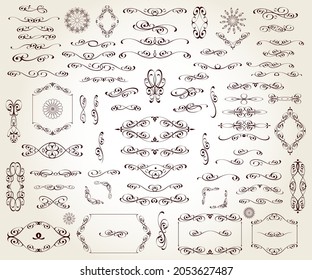 Set of floral decorative elements for design isolated, editable. Vignettes, framework, ornate, corners, borders,dividers.