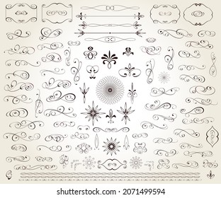 Set of floral decorative elements for design isolated, editable. Vignettes, framework, ornate, borders,dividers,corners .