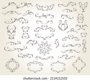 Set of floral decorative elements for design isolated, editable. Vignettes, framework, ornate, borders,dividers .