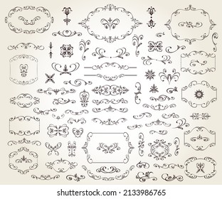 Set of floral decorative elements for design isolated, editable. Vignettes, framework, ornate, borders,dividers .