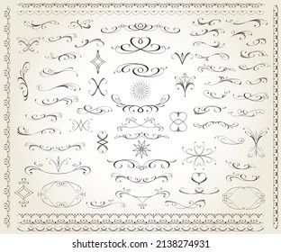 Set of floral decorative elements for design isolated, editable. Vignettes, framework, ornate, borders,dividers .