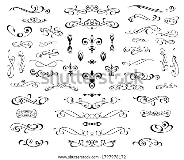 Set of floral decorative\
elements for design, isolated, editable. Vignettes, frames,\
dividers.