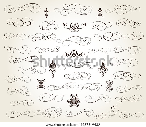 Set of floral decorative\
elements for design isolated, editable. Vignettes, ornate,\
dividers.