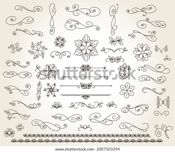 Set of floral decorative elements for design\
isolated, editable. Vignettes, ornate, \
borders,purlieus,dividers.Linear\
design.