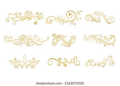 set of floral decorative elements in gold color