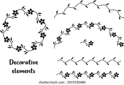 The set of floral decorative elements. Lines, arches, frames, round border or wreath wiht flowers an leaves. Elements for greeting cards, letters, medals, pins, stamps, logos.