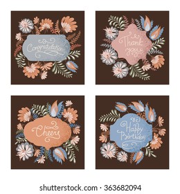 Set of floral decorative frame, border, label. Bet for greeting card, print, poster, wrapping paper, postcard. Vector illustration.