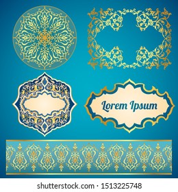 Set of floral decorative frames, ornaments and motifs in Arabian style. Lapis, blue and gold color on blue background. Textile, wallpaper for custom design or print. Vector stock illustration.