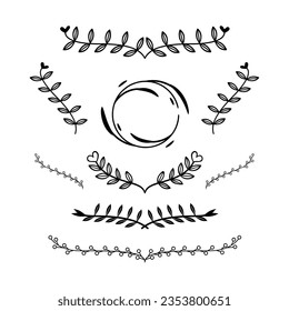 Set of Floral and Decorative Ornamental Elements. Hand Drawn Plants, Ornate Vintage Frames and Scroll Elements.
