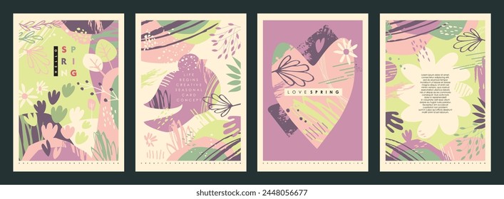 Set of floral decorative spring banners and backdrops with abstract plants, leaves and flowers. Hello spring covers and posters. Seasonal promo vector images.