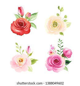 Set of floral decors with colorful flowers roses, green leaves and buds, vector illustration in watercolor style for your design.