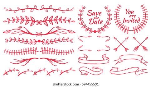 Set of floral design element. Floral border, leaves, wreaths and banner.