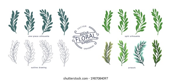Set of floral design elements. Botanical collection of branches and leaves in various graphic styles. Vector illustration