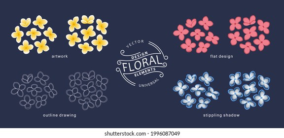 Set of floral design elements. Botanical collection of Lilac flowers in various graphic styles. Vector graphics