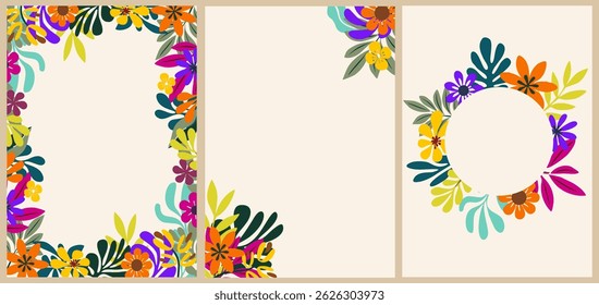 Set of floral design elements, corner, circle, and rectangular frames for card, banner, invitation, template decoration. Colorful flat vector illustrations isolated on white background