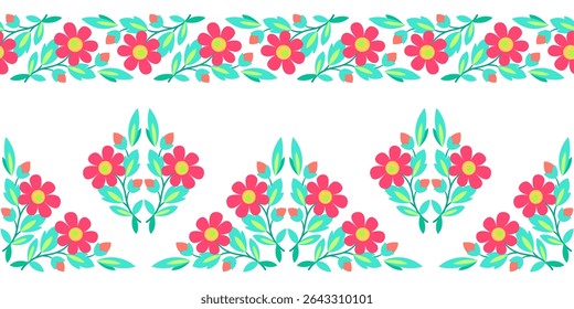 Set of floral design elements. Cute seamless border of flowers in country style. Rich positive plant ornament. Frame without text. Ornamental decor of red blue summer flowers on white background