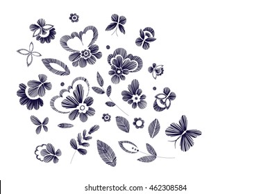 Set of floral  design elements with fantasy flowers isolated. Line art. Black and white vector  illustration hand drawn. Embroidery designs - flowers, leaves, butterflies . 