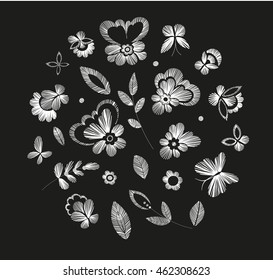 Set of floral  design elements with fantasy flowers isolated. Line art. Black and white vector  illustration hand drawn. Embroidery designs - flowers, leaves, butterflies . 