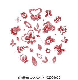 Set of floral  design elements with fantasy flowers isolated. Line art. Vector  illustration hand drawn. Embroidery designs - flowers, leaves, butterflies . 