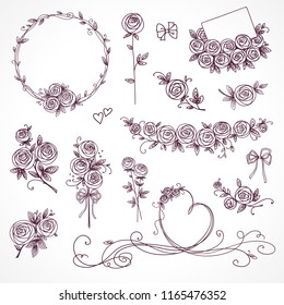 Set of floral design elements. Flower branch, wreaths, heart. Roses flowers. Wedding, birthday, valentines day concept.