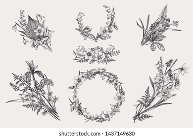 Set with floral design elements. Flower bouquet, arrangement, wreath. Black and white.