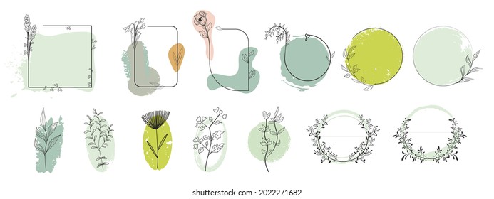 Set of floral design elements, frames and labels made with continuous line drawing. Hand drawn vector laurel leaves decorative elements. Leaves, swirls, ornate, award, icon. Vector illustration