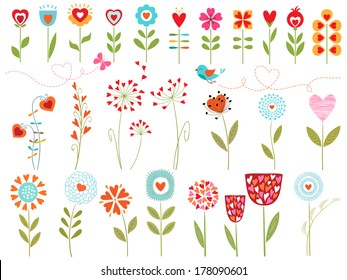 Set of floral design elements with hearts.