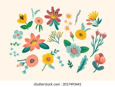 Set of floral design elements. Leaves, flowers, grass branches berries Vector illustration